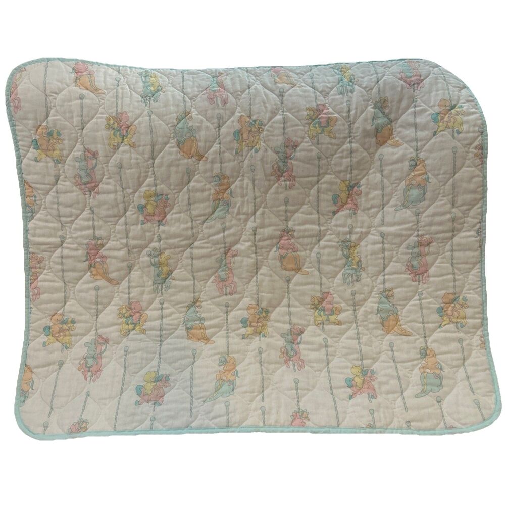 Vintage 80s Morgan Inc Teddy Beddy Bear Carousel Quilted Baby Blanket Quilt